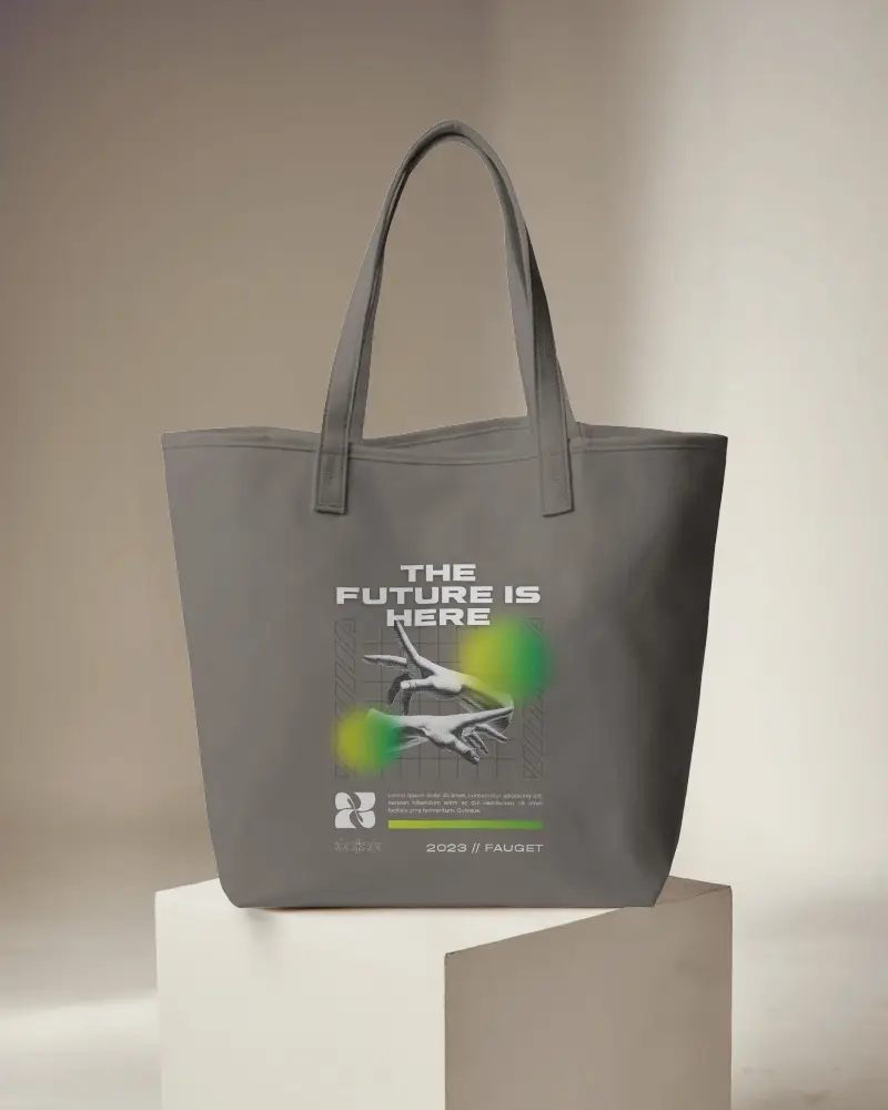 Studio Showcase Totebag Mockup Basic Tote Highlighting Design Space Set Against A Simple Backdrop Of A Beige Podium And Subtle Lighting Elegant And Contemporary Feeling