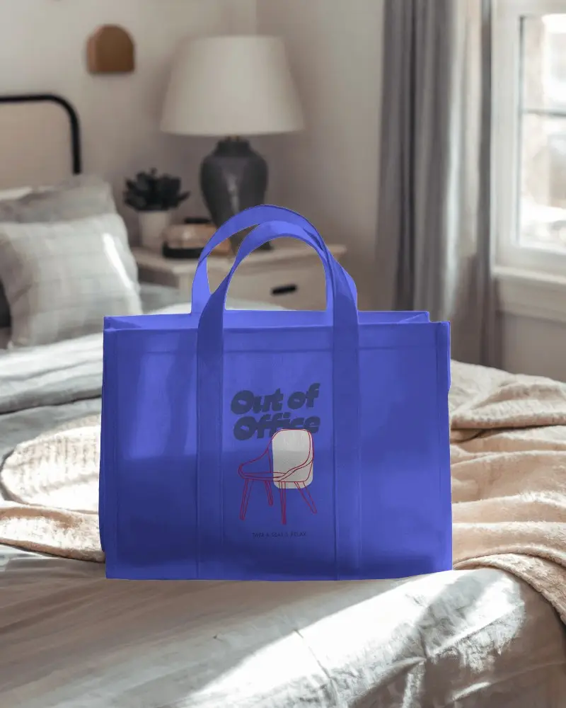 Home Interior Totebag Mockup Basic Tote Highlighting Design Space Set Against A Backdrop Of A Spacious Bedroom With Natural Light Streaming Through The Window Elegant And Inviting Atmosphere
