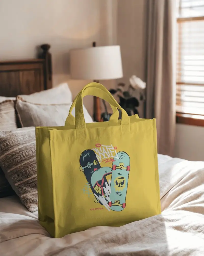 Home Lifestyle Totebag Mockup Unadorned Cotton Bag With Editable Area Positioned On A Comfy Bed Amids