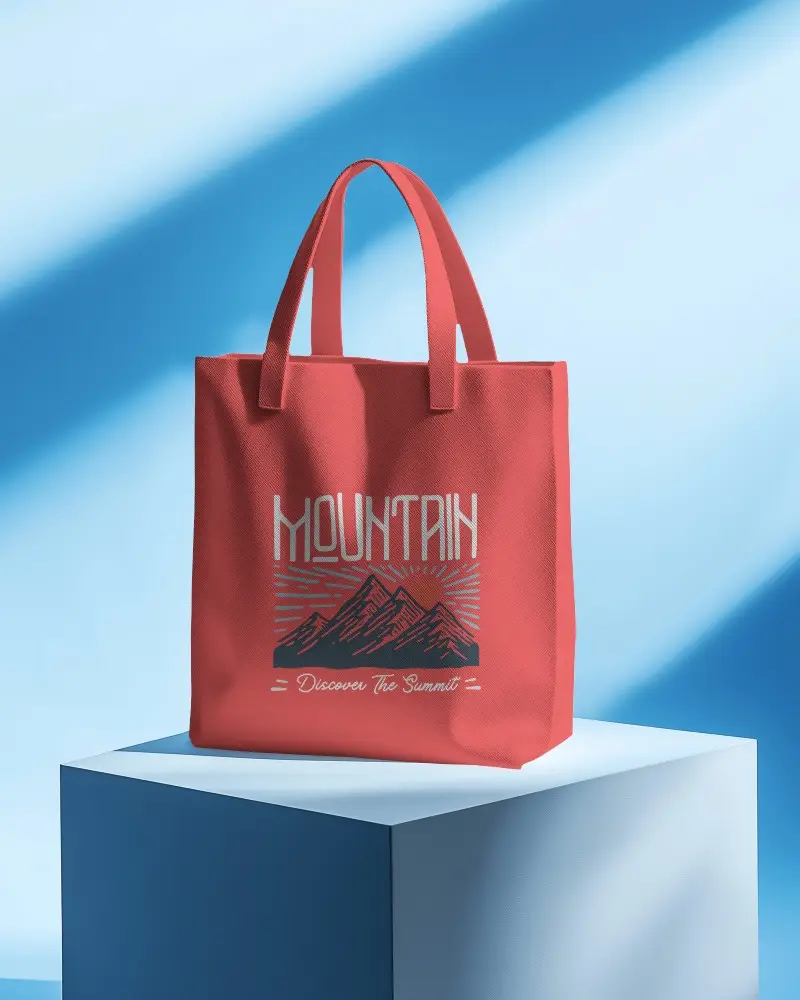 Minimalist Studio Totebag Mockup White Canvas Bag Placed On A Clean Blue Podium In Front Of A Vibrant Blue Backdrop Refined And Contemporary Vibe