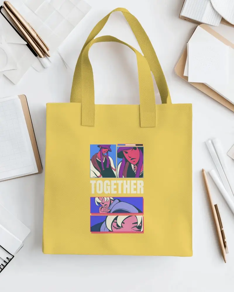 Creative Workspace Totebag Mockup Unadorned Cotton Bag Positioned On A Neatly Organized Desk With Artistic Tools Like Markers, paper Clips, and notepads Inspiring And Productive Atmosphere
