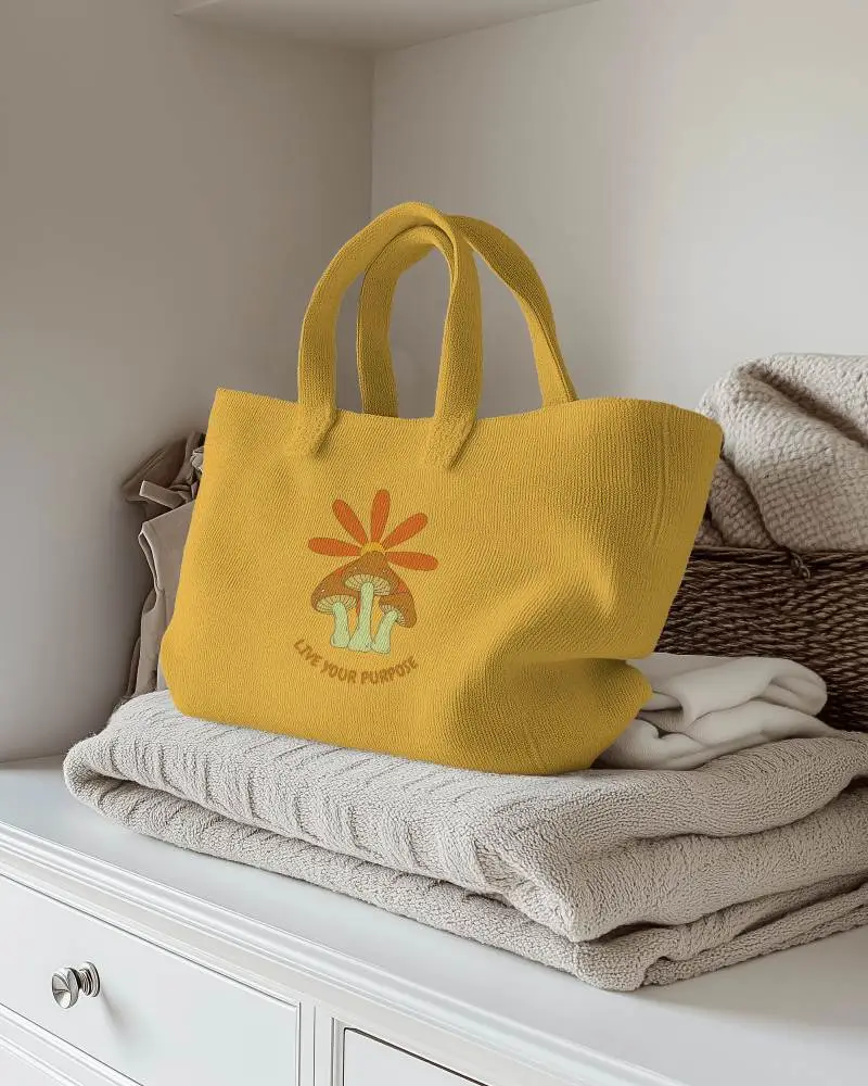 Cozy Living Totebag Mockup Placed On Stacked Towels Next To Woven Basket In Neutral Room Setting Comfortable And Homey Ambience