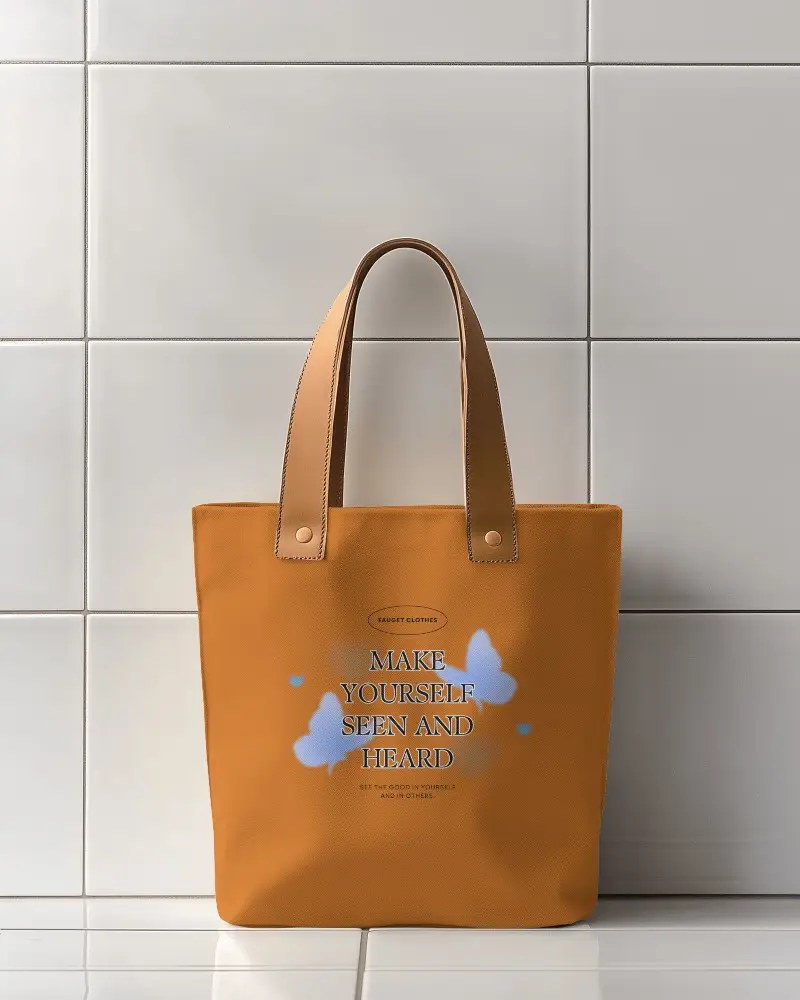Modern Minimal Totebag Mockup With Brown Leather Handles And Subtle Blue Accent Stars Placed On A Clean White Tiled Background Elegant And Sophisticated Ambience
