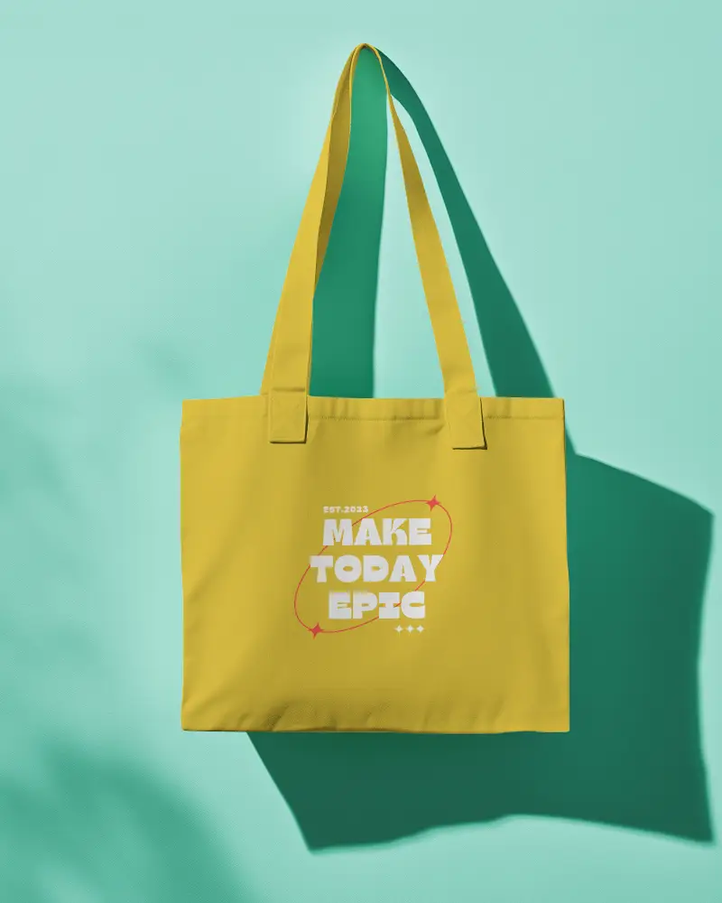 Tote Bag Mockup On Soft Teal Wall With Long Shadow Bright Yellow Fabric Bag Minimal Clean Eco Style Presentation