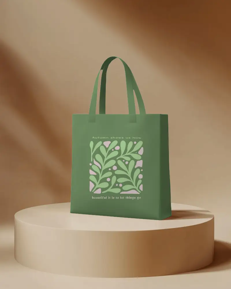 Modern Showcase Tote Bag Mockup Moss Green Fabric On Minimal Podium Warm Brown Gradient Background Soft Lighting Eco Friendly Display