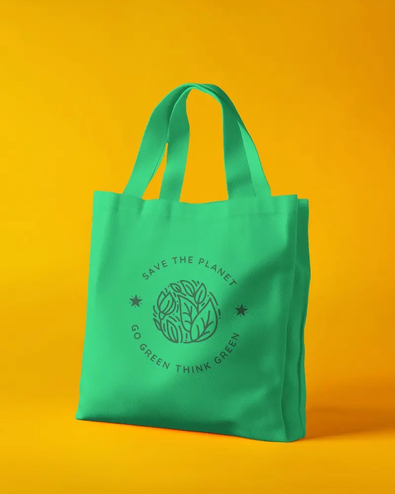 Eco Premium Showcase Tote Bag Mockup Green Vivid Background Modern Sustainable Soft Shadow Stylish Presentation