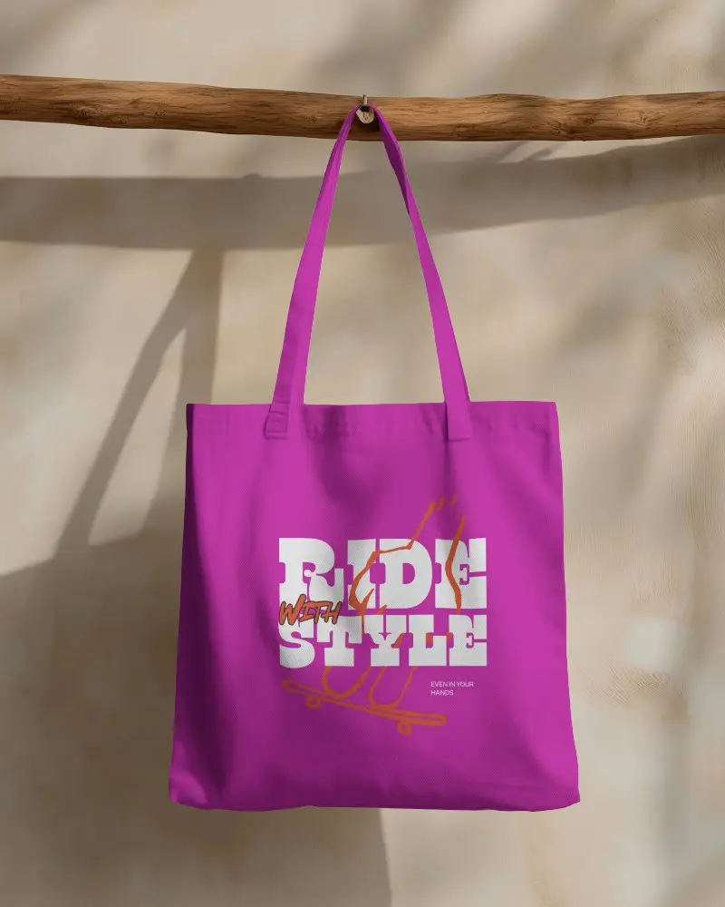 Natural Hanging Tote Bag Mockup On Wooden Rod Earthy Wall Background Stylish Urban Soft Shadow Premium Presentatio