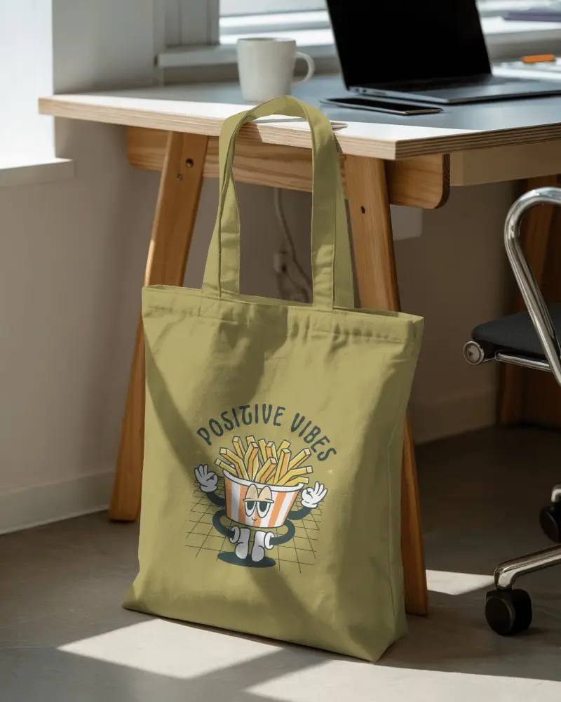 Tote Bag Mockup Hanging Desk Natural Light Home Office Setting Cozy Environment Casual Style
