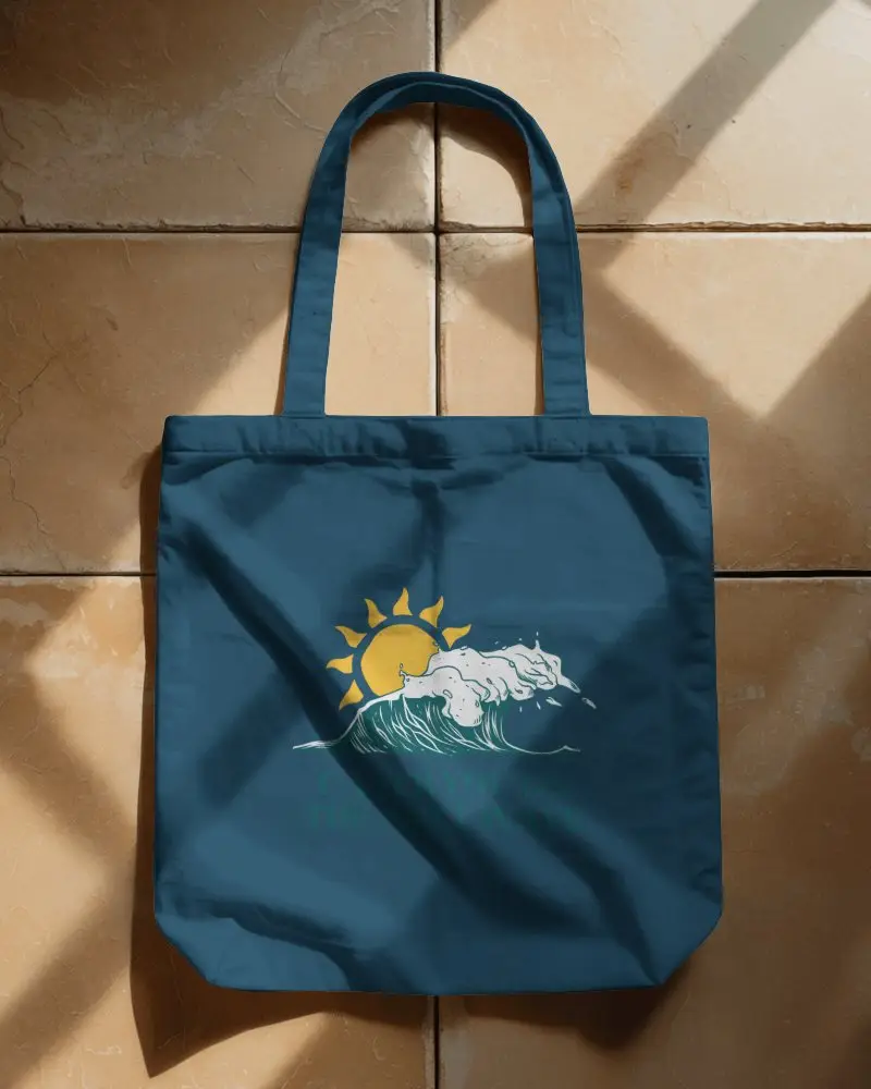 Tote Bag Mockup On Tiled Floor Soft Sunlight Shadow Casual Scene Relaxed Summer Vibe Composition