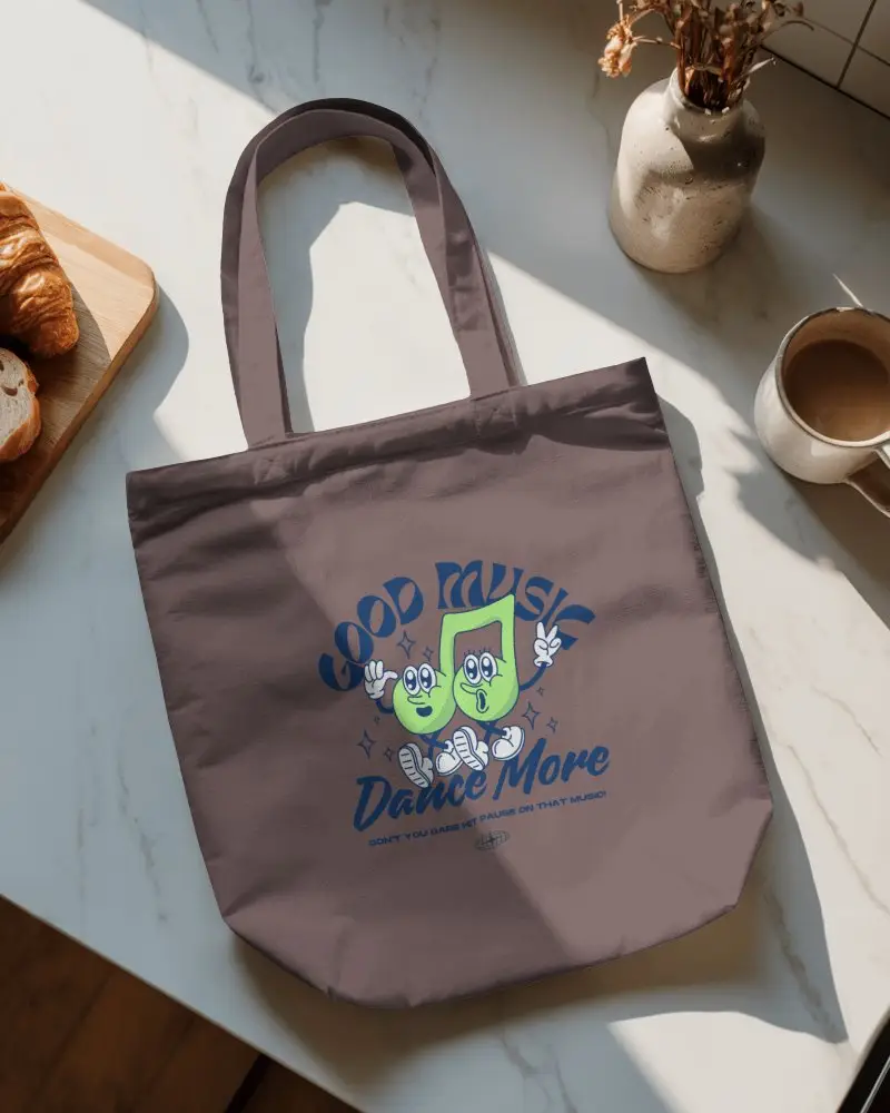 Tote Bag Mockup On Marble Countertop Breakfast Scene Soft Shadows Cozy Morning Kitchen Setting