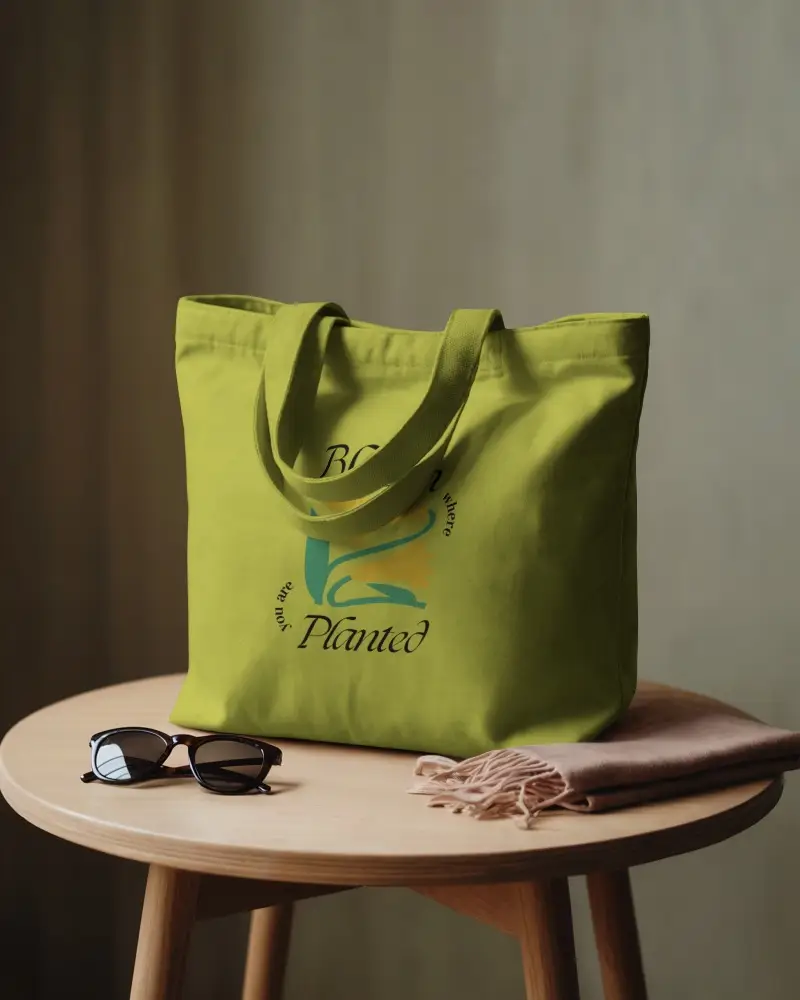 Tote Bag Mockup On Wooden Table With Accessories Soft Light Cozy Interior Natural Styled Setting