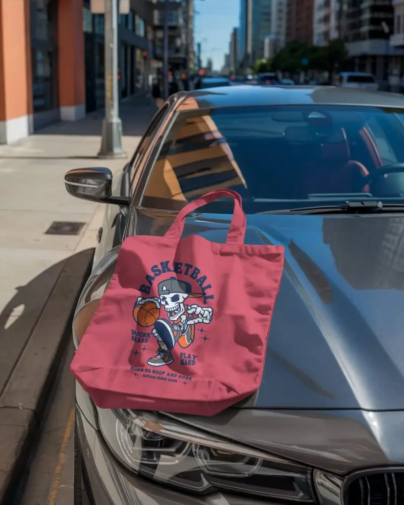 Tote Bag Mockup On Car Hood Urban Street Background Daylight Scene Casual Outdoor City Lifestyle