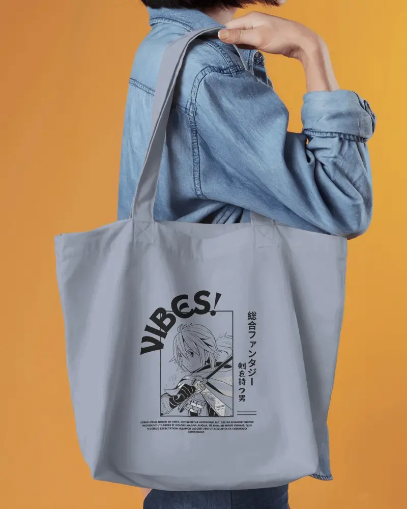 Tote Bag Mockup On Shoulder Side View Model In Casual Outfit Minimal Backdrop Modern Youth Style