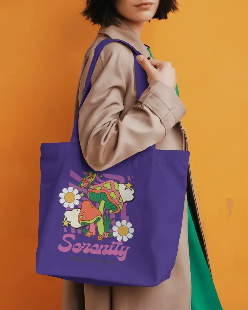 Tote Bag Mockup On Model Side View Orange Background Modern Outfit Vibrant Fashion Accessory Scene