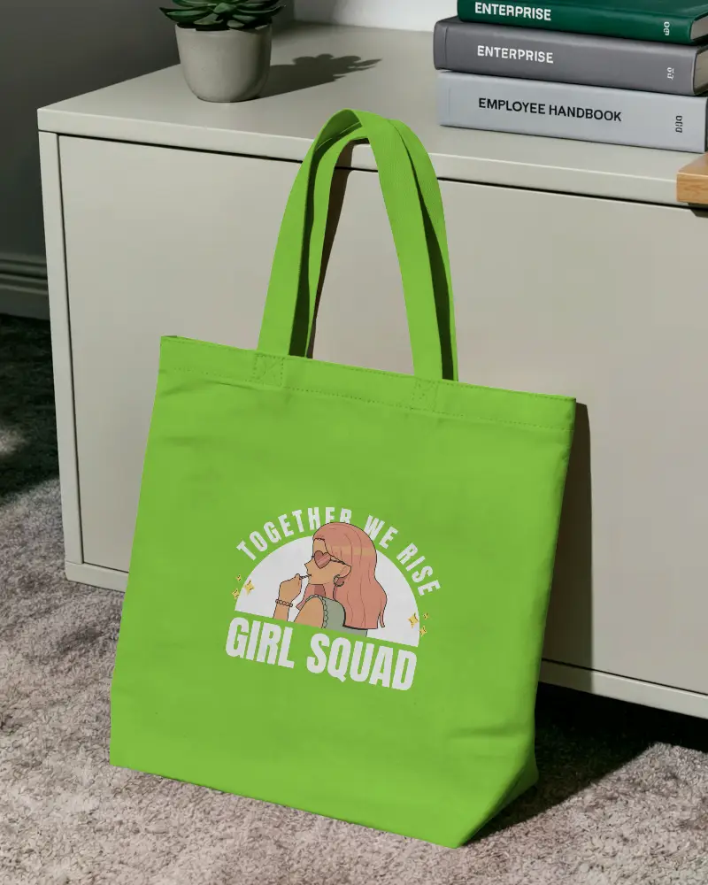 Clean Office Tote Bag Mockup White Canvas Bag Leaning On Drawer With Books And Sunlight Shadow 0288