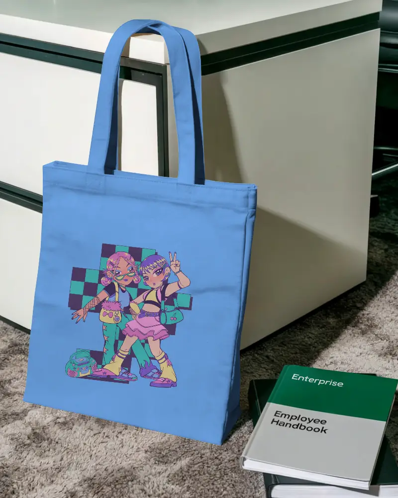 Vertical White Tote Bag Mockup Hanging On Desk Edge With Books And Textured Office Carpet 0289