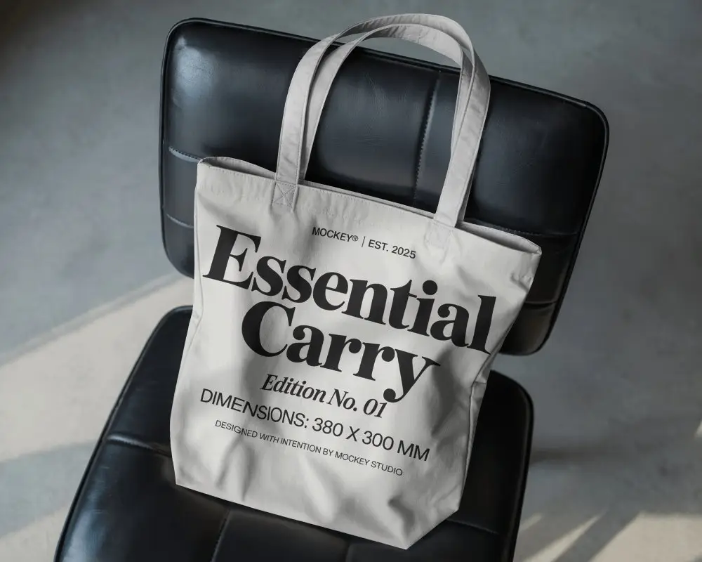 High Quality Blank Tote Bag Mockup On Minimalist Leather Chair Background 0304