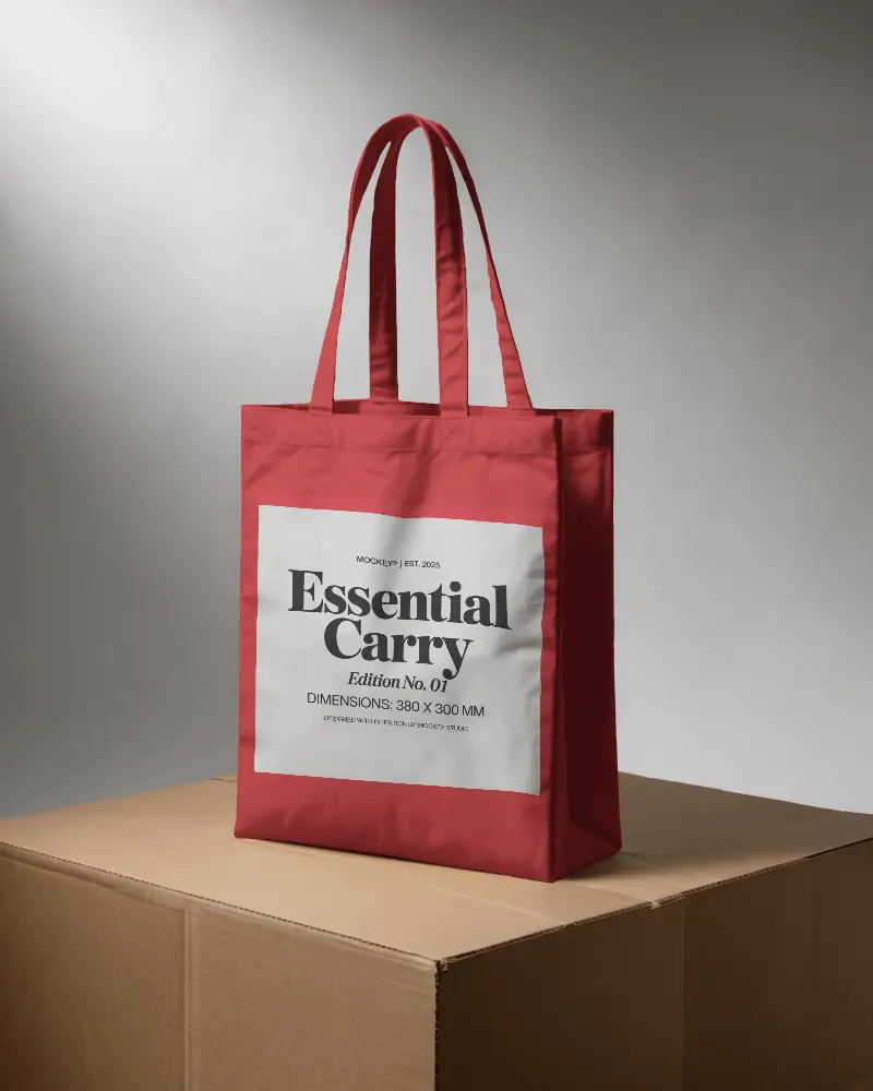 Eco Friendly Fabric Tote Bag Mockup On Minimalist Cardboard Box Background