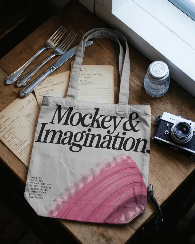 Eco Friendly Customizable Tote Bag Mockup Placed On Wood Texture Surface For Design Preview 0332