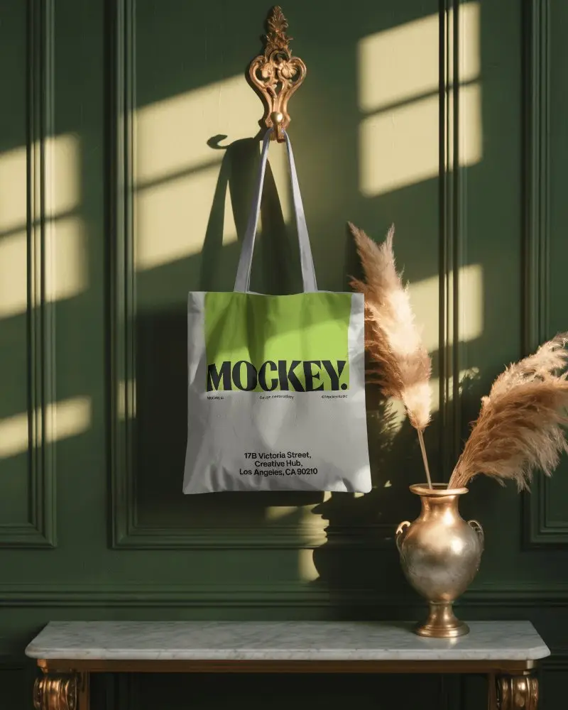 Elegant Minimalist Tote Bag Hanging On Vintage Wall Hook With Light Shadow Play 0337