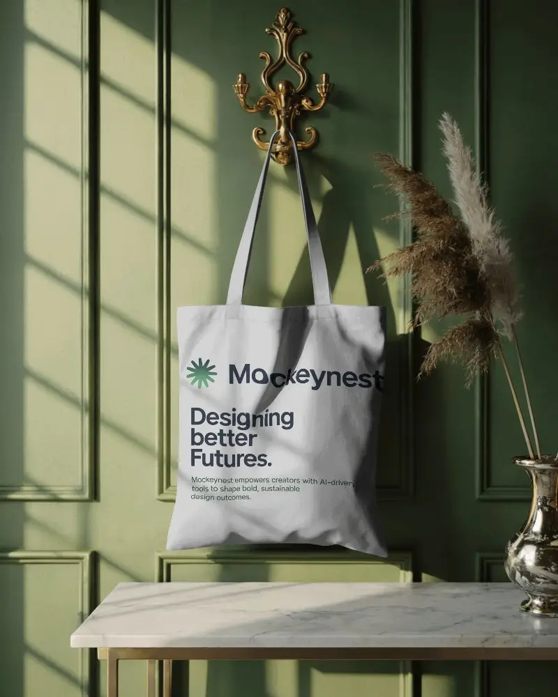 Minimalist Tote Bag Mockup With Long Handles Hanging On Vintage Wall Mounted Hook 338