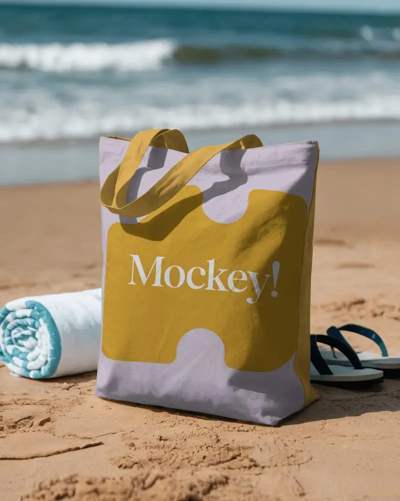 Reusable Cotton Tote Bag Mockup On Sandy Beach With Rolled Towel And Flip Flops Visible 0346