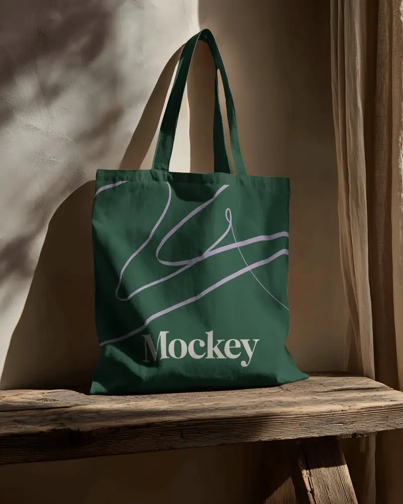 Realistic Tote Bag Mockup On Wooden Surface For Promotional Product Showcase