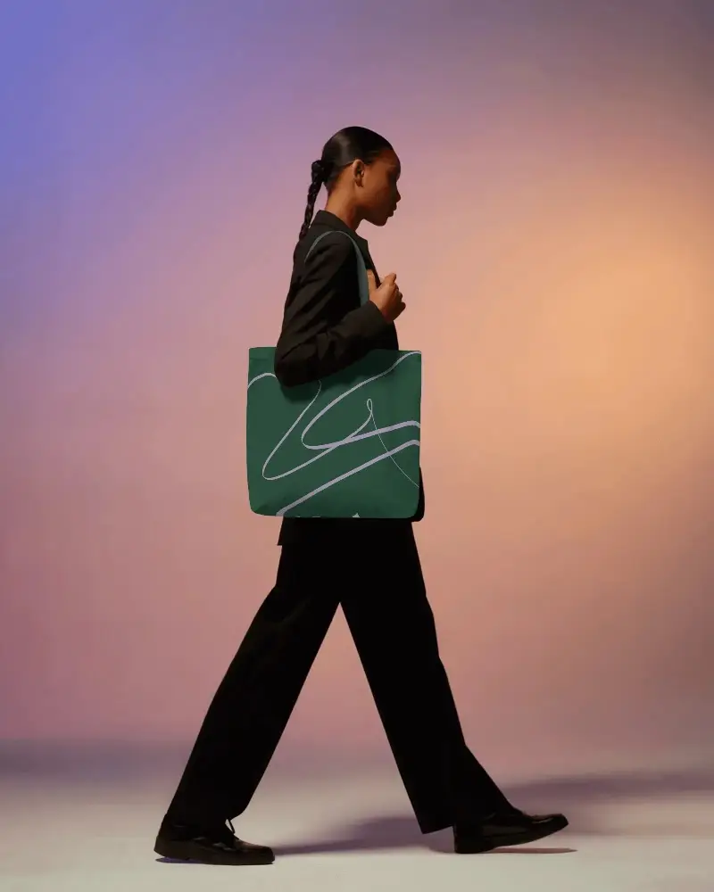 Stylish Tote Bag Mockup With Casual Walking Model For Fashion And Branding Visuals