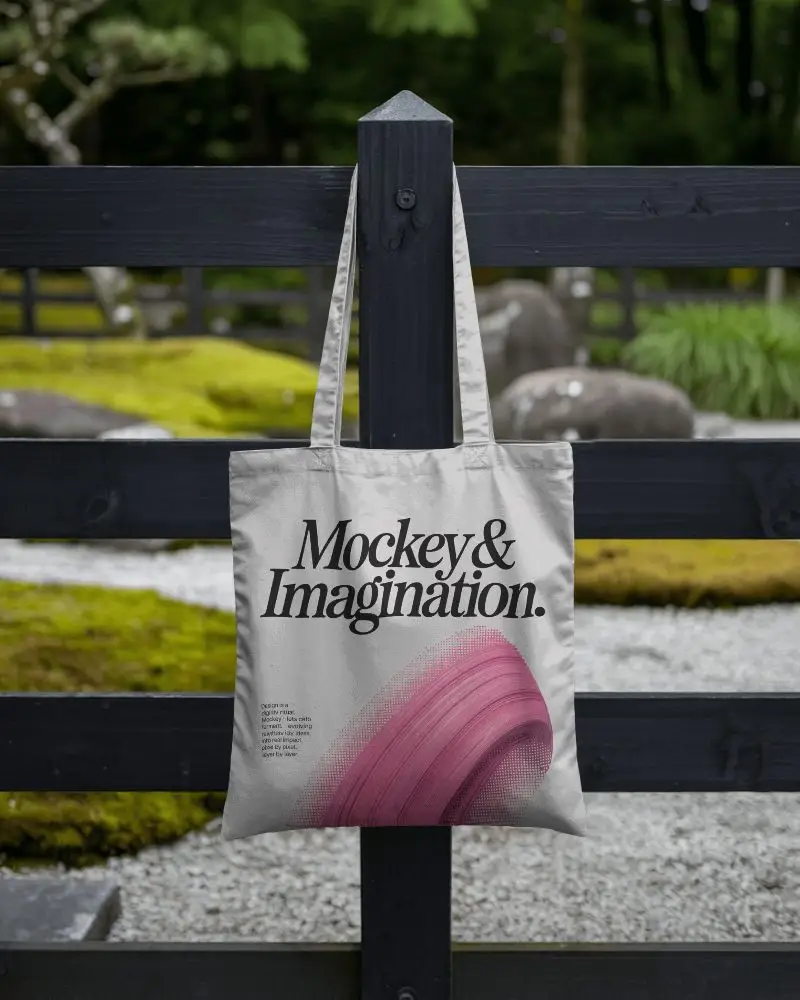 Black Wooden Fence Tote Bag Mockup In Serene Garden Setting Nature Inspired Minimal Outdoor Scene