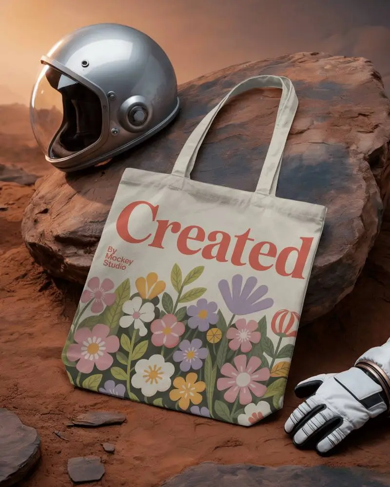 Space Themed Tote Bag Mockup On Martian Rock With Astronaut Helmet And Gloves Futuristic Adventure