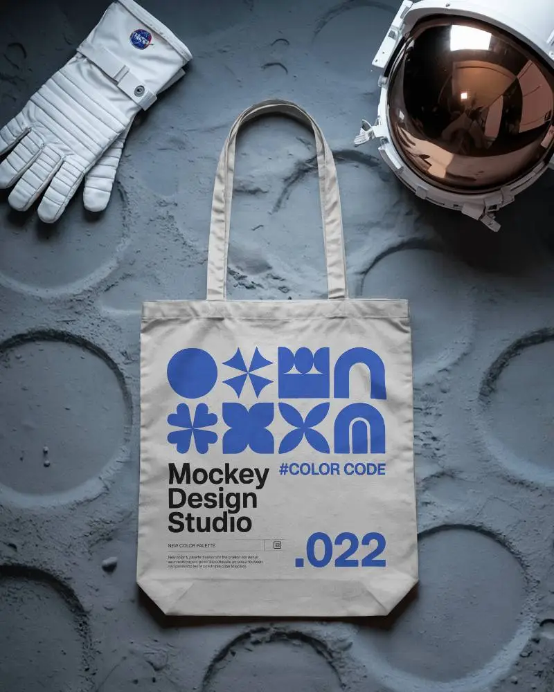 Moon Surface Tote Bag Mockup With Nasa Gloves And Helmet Space Themed Futuristic Design Showcase