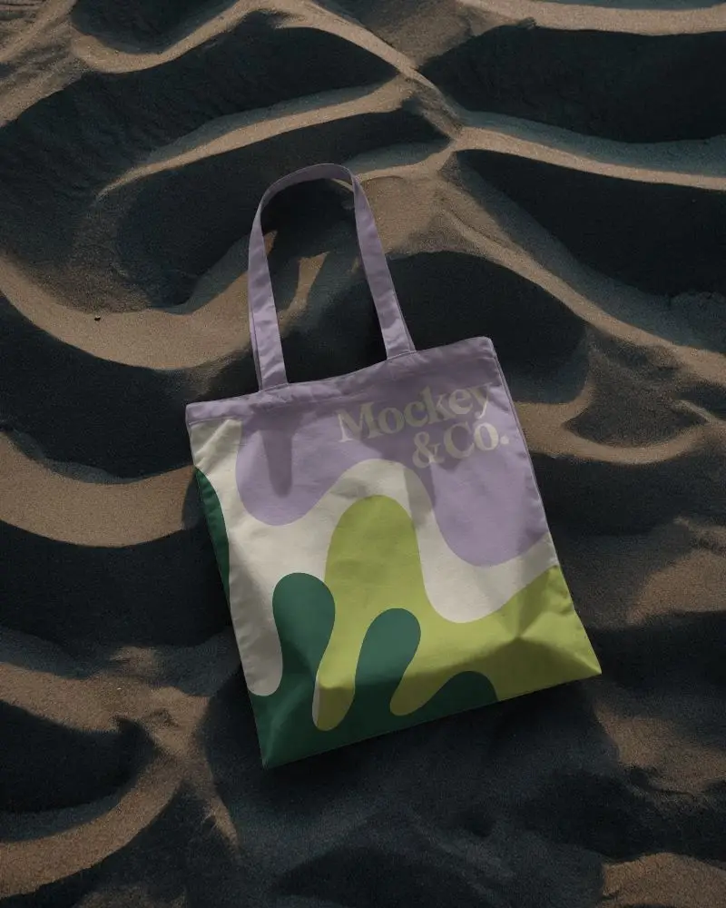 Desert Sand Pattern Tote Bag Mockup Top View With Abstract Wave Texture Natural Earthy Background
