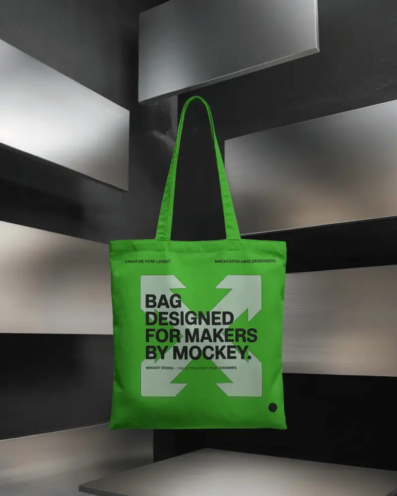 Floating Tote Bag Mockup In Dark Studio With Metallic Rectangular Panels