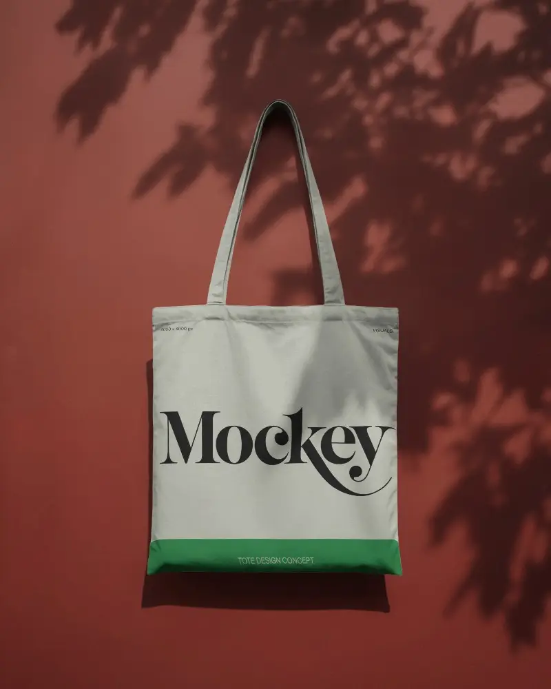 Tote Bag Mockup On Red Wall With Soft Tree Leaf Shadows Falling Across
