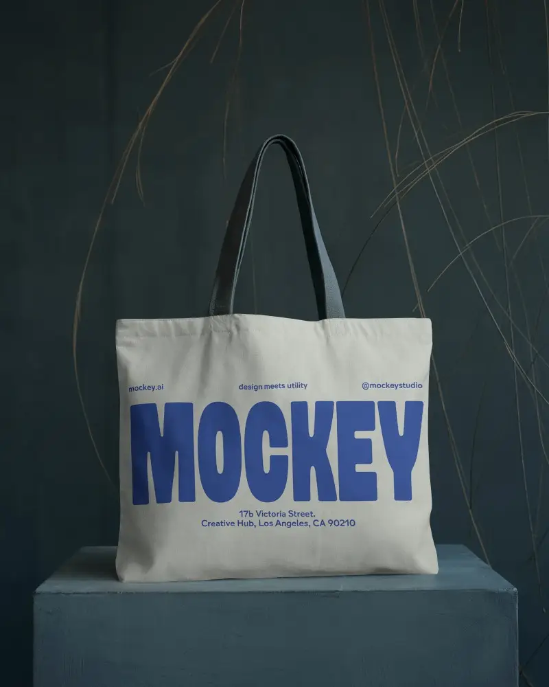 Wide Tote Bag Mockup On Blue Podium With Minimal Gold Line Accents