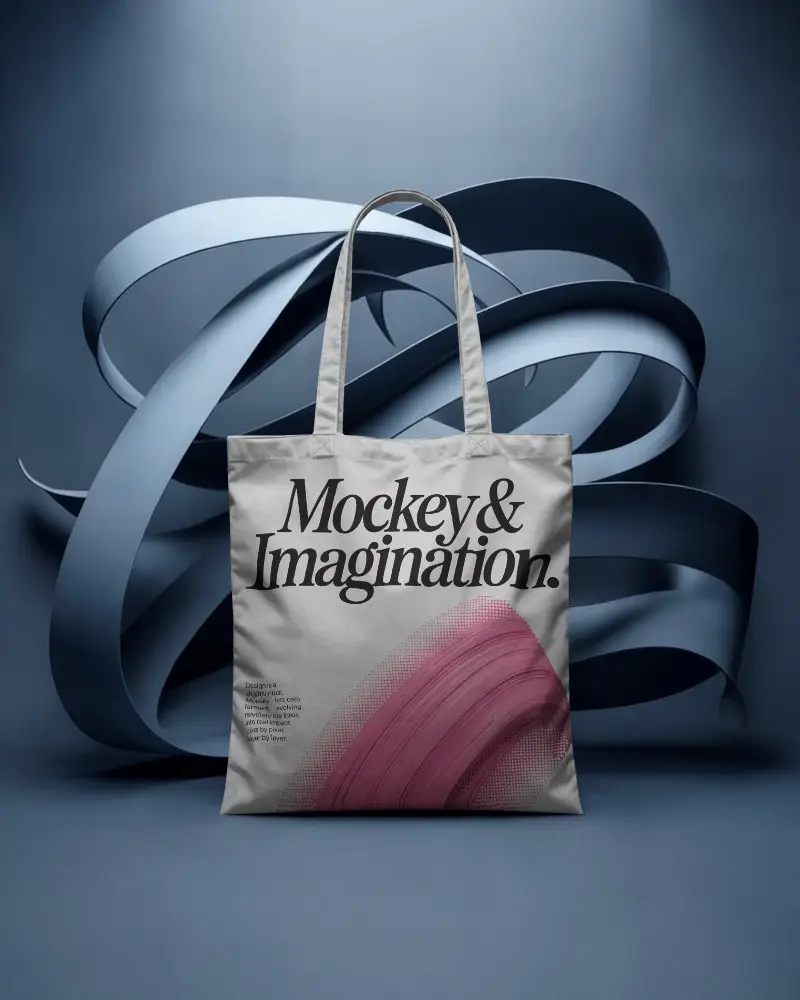 Tote Bag Mockup In Blue Studio With Abstract Ribbon Sculpture Artistic Modern Display