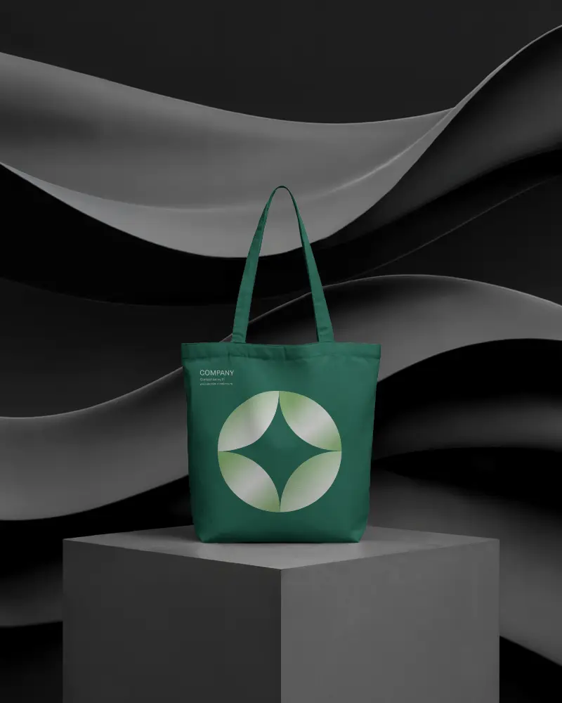 Tote Bag Mockup On Grey Podium With Abstract Dark Wavy Backdrop Minimal Studio Style
