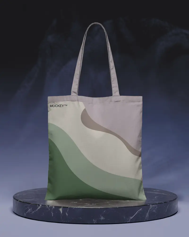 Tote Bag Mockup On Round Marble Platform With Dark Blue Gradient Background