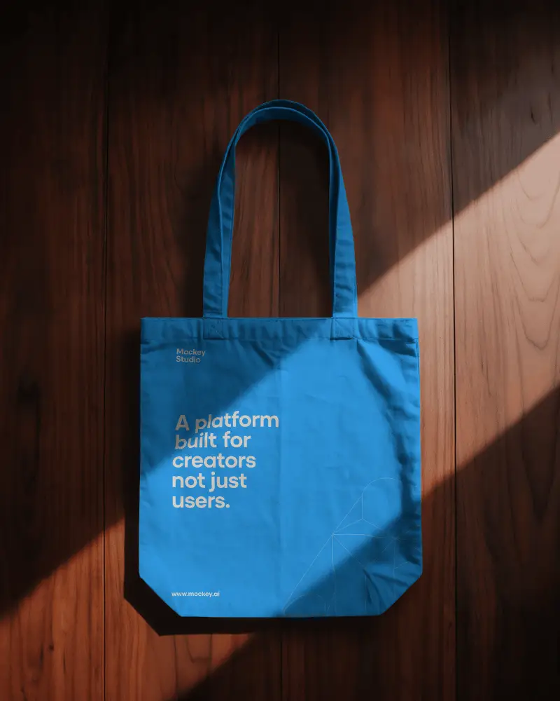 Tote Bag Mockup On Peach Wall With Dramatic Diagonal Sunlight Shadows