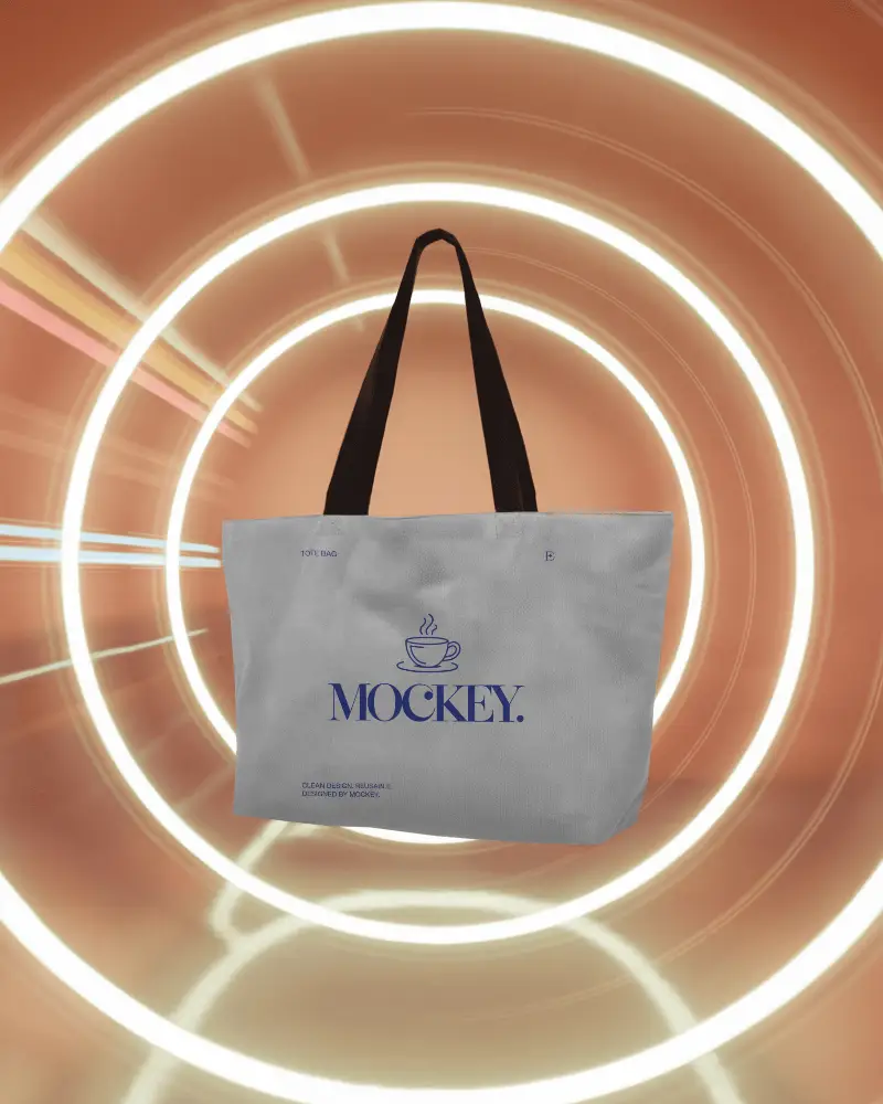 Wide Tote Bag Mockup Floating In Orange Neon Light Tunnel Background