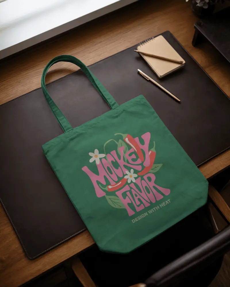 Tote Bag Mockup Placed On Office Desk With Notebook And Pencils