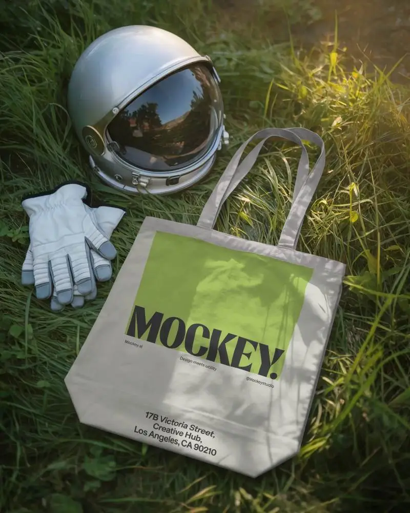 Reusable Canvas Tote Bag Mockup With Long Handles On Grassy Ground For Design Showcase