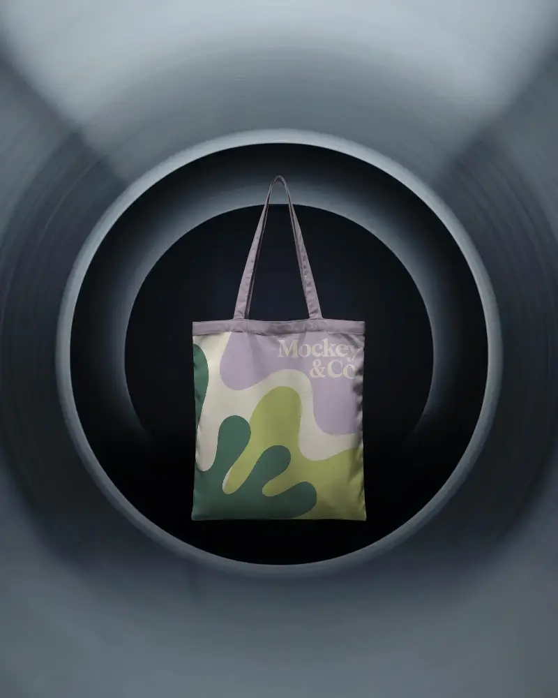 Reusable Tote Bag Mockup Floating On Dark Geometric Background For Branding Styles