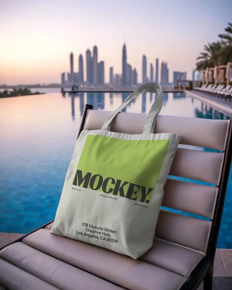 Stylish Minimalist Tote Bag Mockup Displayed Outdoor Luxury Poolside Setting