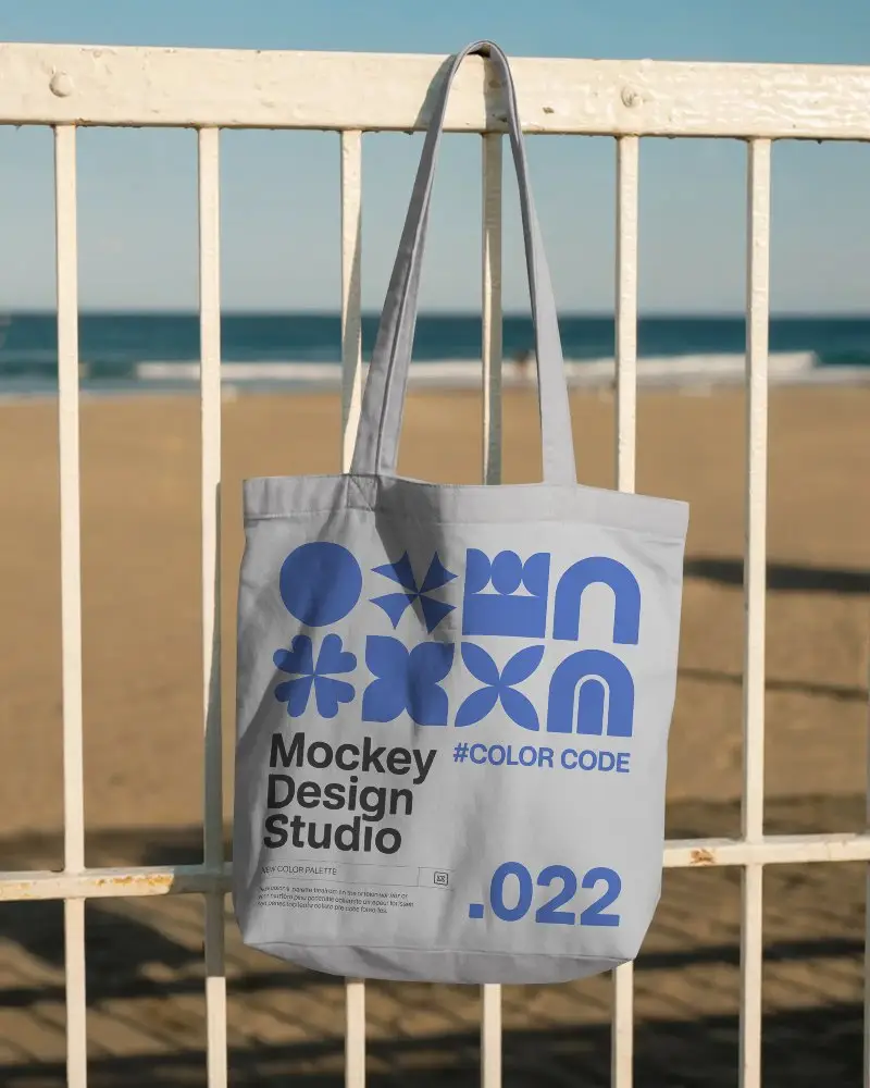 Minimalist Cotton Tote Bag Mockup Hanging On Fence Ideal For Custom Branding And Printing