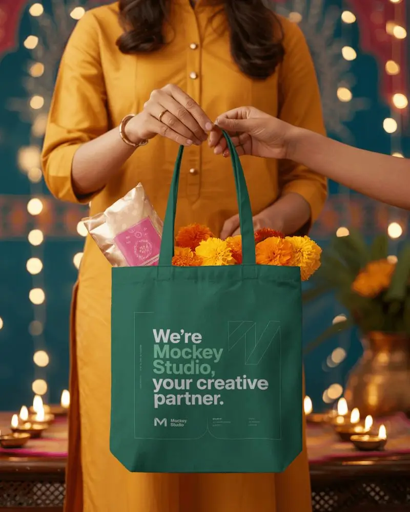 Reusable Tote Bag Mockup Held By Two Hands With Traditional Festival Theme Setting