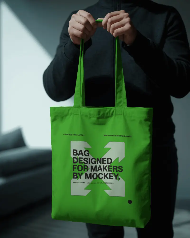 Minimalist Tote Bag Mockup Closeup Held By Hands Indoors Showcasing Texture And Fabric Details