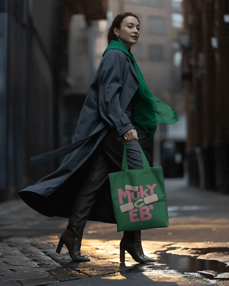 Street Style Tote Bag Mockup Female Model Walking In City With Trench Coat And Green Scarf