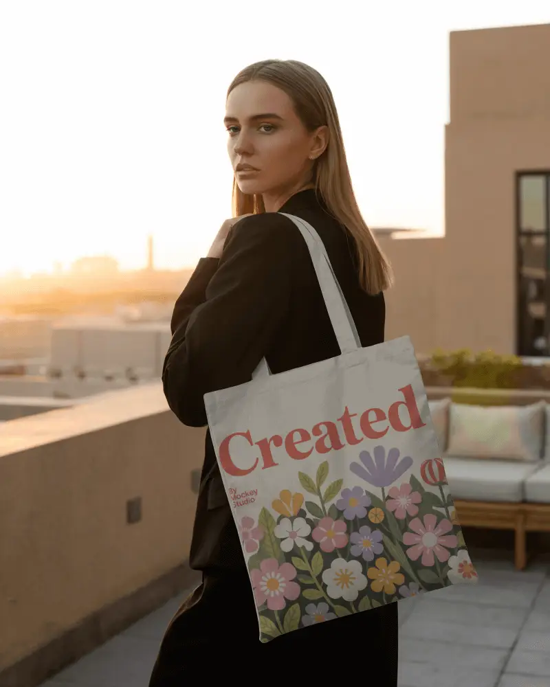 Rooftop Sunset Tote Bag Mockup Female Model Posing With City Skyline In Golden Hour Lighting