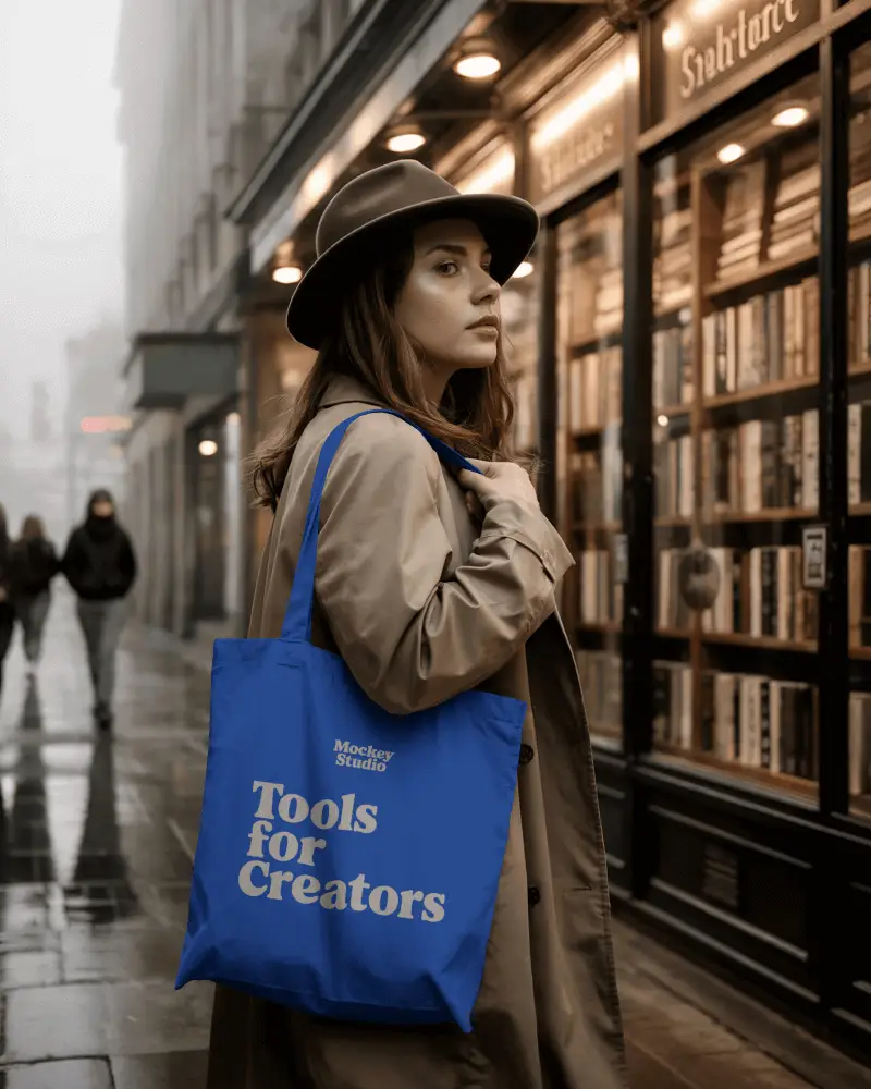 Vintage Bookstore Tote Bag Mockup Woman In Hat Posing On Foggy Street With Autumn Mood